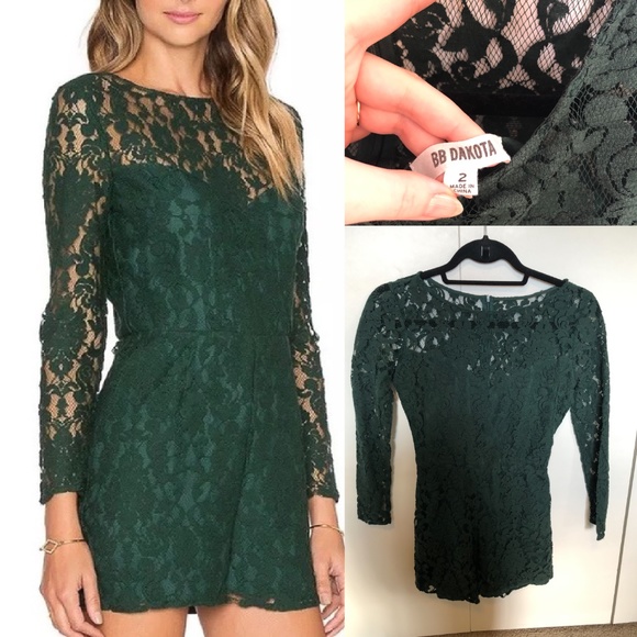 BB Dakota Dasha Hunter Green Lace Romper - Picture 1 of 3
